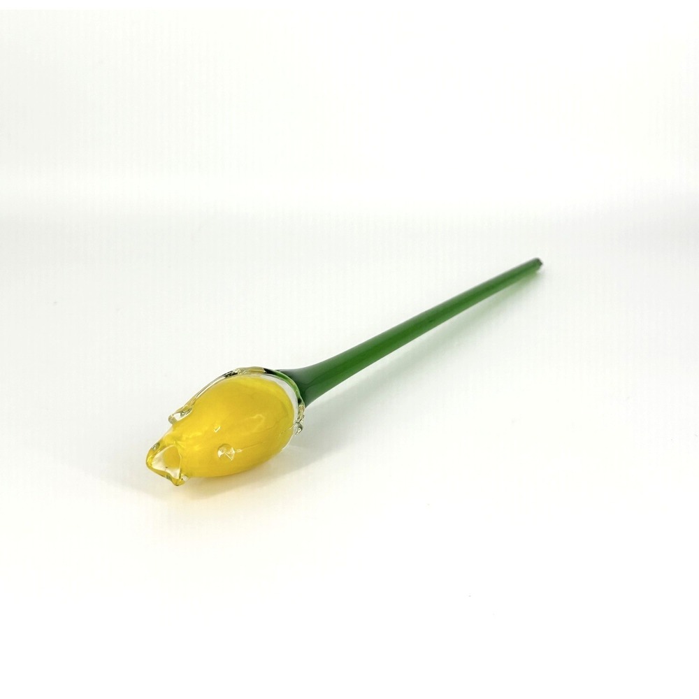 Glass Yellow Rose Bud Murano Style Flower w/Green Stem 12" Long - SEE PICS - Picture 3 of 8
